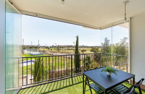 Retamar Apartment | Apartment 'Campo De Golf, Piscina Y Padel' with Sea View, Shared Pool and Air Conditioning
