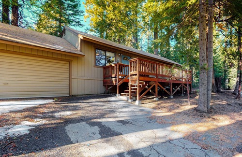 Sierra Cedars House | Cabin-style home with wood-burning stove, private gas grill, and multiple decks