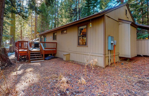Sierra Cedars House | Cabin-style home with wood-burning stove, private gas grill, and multiple decks