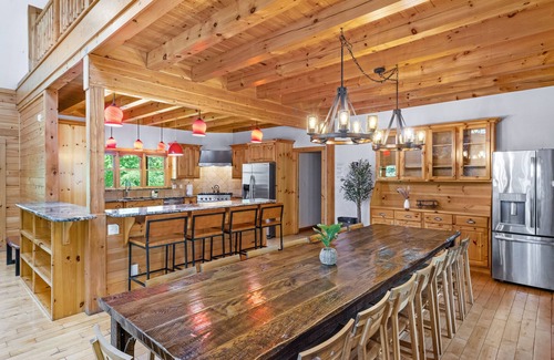 Gouldsboro House | Creekfront Log Mansion With Heated Outdoor Pool and Hot Tub