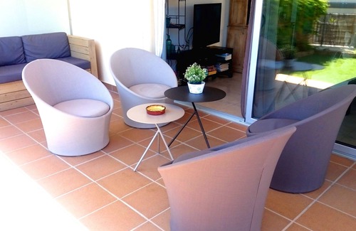 Llanca Apartment | garden level apartment with full sea views in residence with swimming pool.