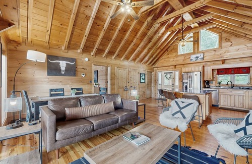 Mills River Cabin | Lakefront cabin with a balcony, firepit, wet bar, washer/dryer, dock, & AC