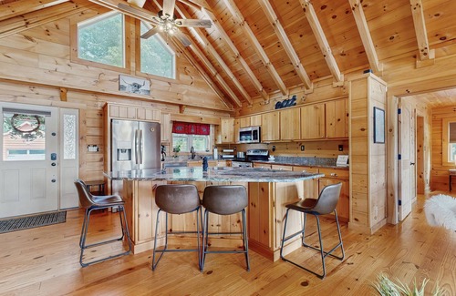 Mills River Cabin | Lakefront cabin with a balcony, firepit, wet bar, washer/dryer, dock, & AC