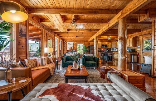 Sevierville Cabin | Log Cabin with Stunning Views!Hot Tub!Sauna!Games!BBQ!Patio Fireplace!Pets ok!