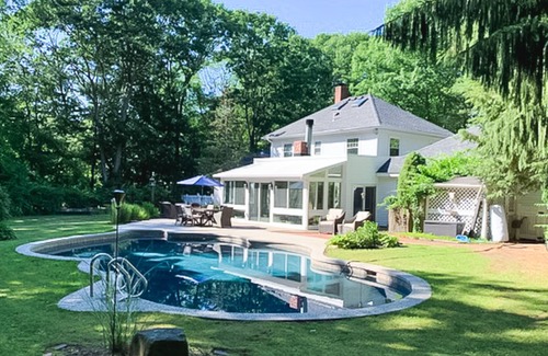 Hampton Falls House | Seacoast home with private pool, sunroom, patio, grill, firepit, & fireplace