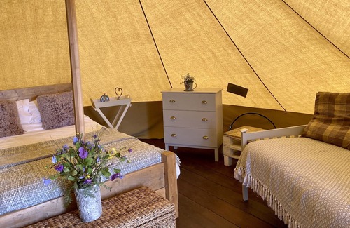 Camborne Cabin | The Glade. Luxury Bell Tent with partial sea and countryside views. Dog friendly
