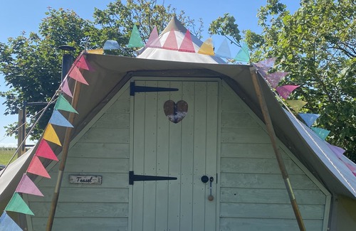 Camborne Cabin | The Glade. Luxury Bell Tent with partial sea and countryside views. Dog friendly