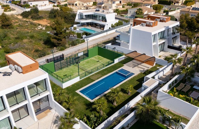 Modern bungalow with communal pool and sports court