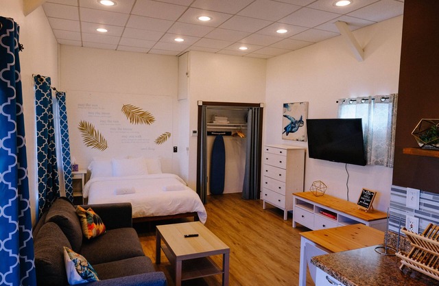 Turtle-themed tiny house with a turtle pond, hot tub, e-bikes, and EV charging