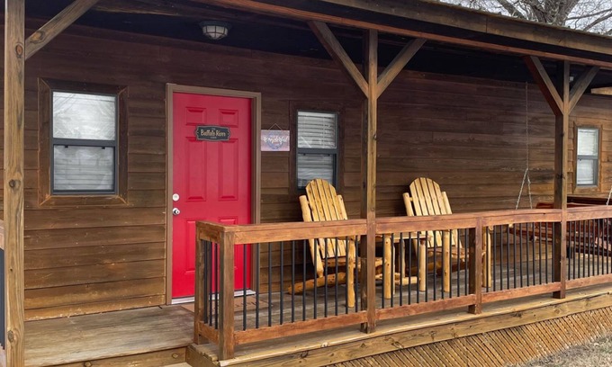 Branson Cottage | Buffalo River Cabin has 1 bedroom with queen size bed, 1 twin bunk bed in hallway, 1 futon in main l
