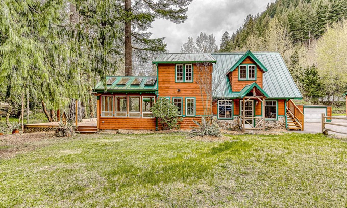 Mount Hood Village House | Dog-friendly creekside home with entertainment barn, private hot tub & firepit