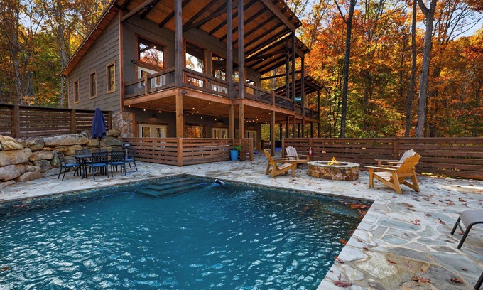 Ridgeline Vistas Cabin | EPIC Heated pool, Outdoor Fireplace, Pool & Hot Tub! Arcade, and close to town!