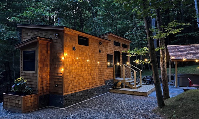 Sharon Cabin | Escape to this private and peaceful tiny home with hot tub in Sharon, VT!