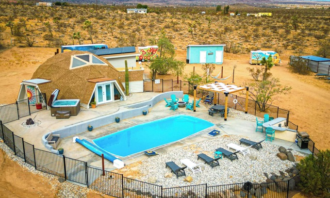 Landers House | Joshua Tree Dome & Guest House - Heated Pool, Hot Tub, Yoga Patio, EV Charger