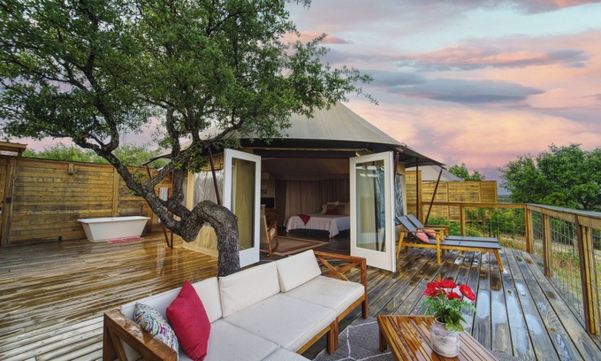 Oatmeal Cabin | Luxury Safari Tent #2 Scenic Hill Country Views- Private Deck/Hot Tub/Pond Pool