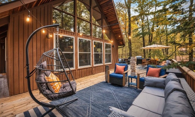 Gouldsboro Cabin | Poconos Chalet w/Fire Pit, Deck, and Sauna in Big Bass Lake!