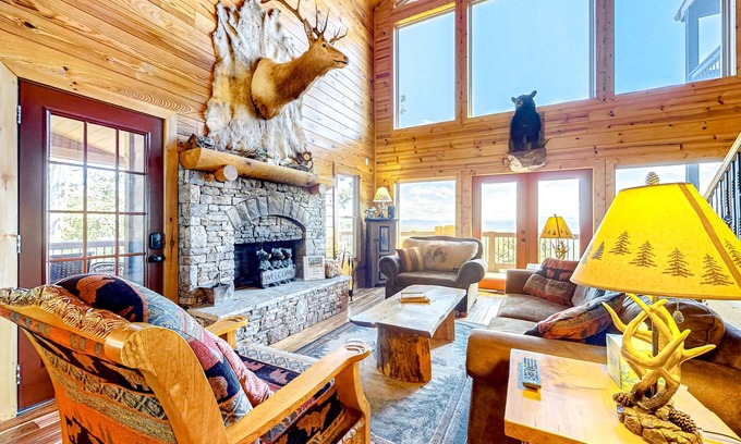 Morganton Cabin | Sunlit cabin with private hot tub, fireplace & stunning mountain views