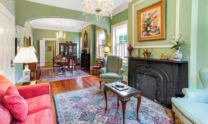 Old West Broad Neighborhood Apartment | This Classical Parlor is located on Chatham Square. It offers a quiet retreat with natural light, floor-to-ceiling windows, and views of the Square.